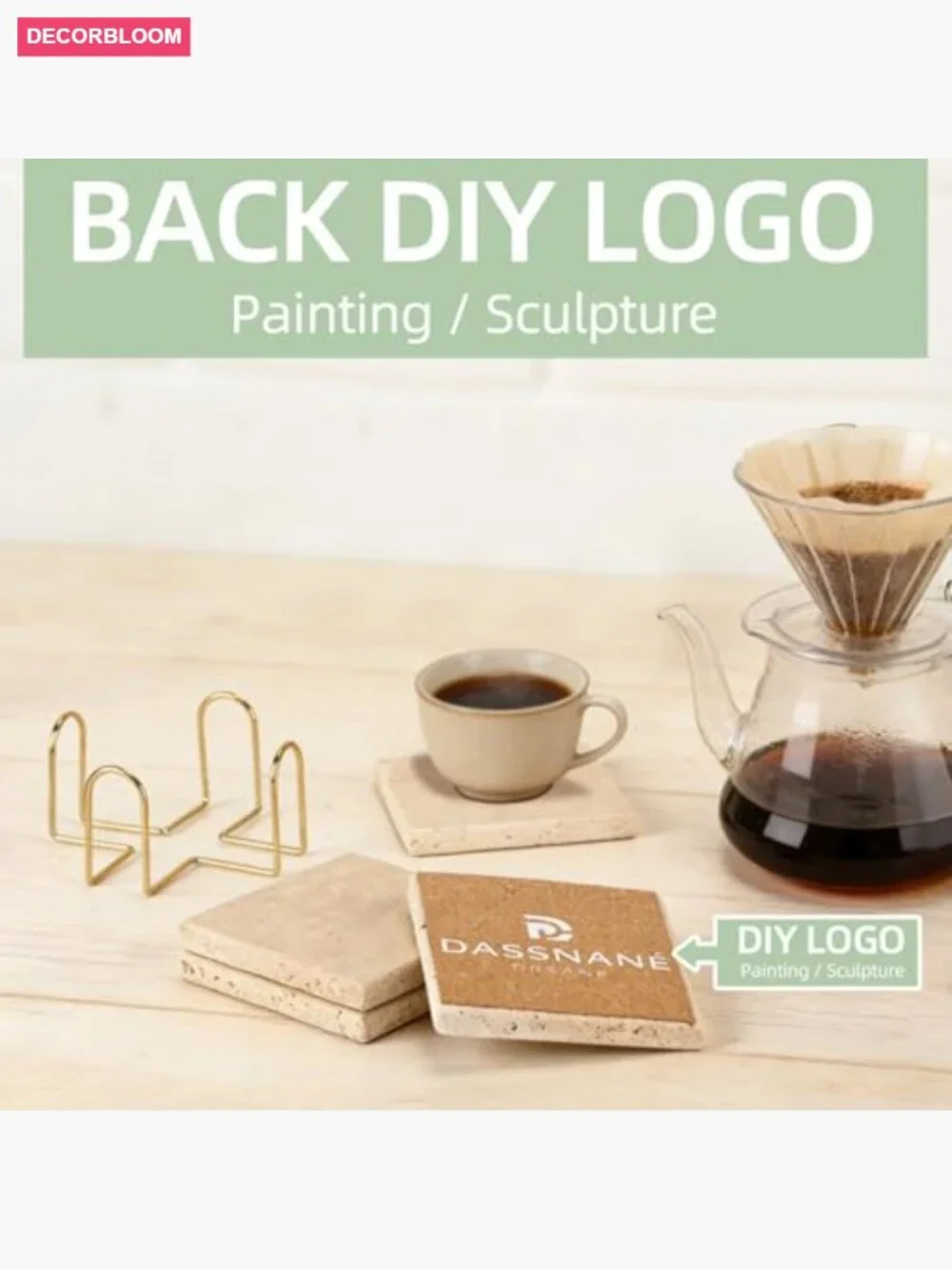 4 Natural Travertine Coasters Set with Gold Holder - Non Slip Cork Backing